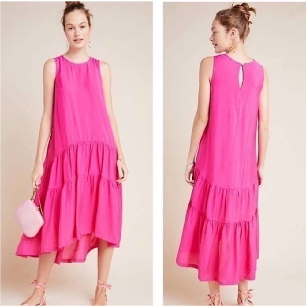 Anthropologie Maeve Marlene Tiered Midi Pink High low with pockets sleeveless